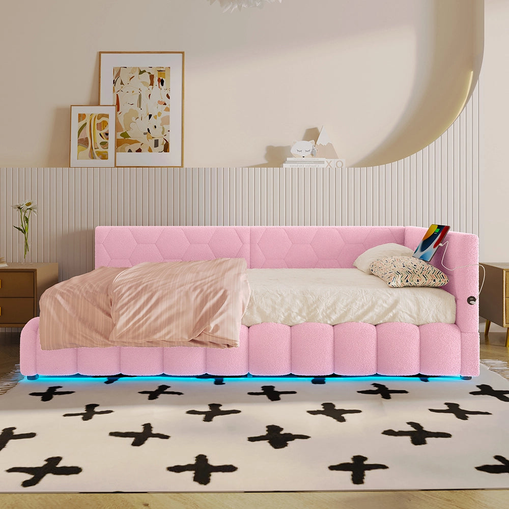 Letto giorno 90x200cm - Xylo - rosa, luci LED, USB-C, sollevamento