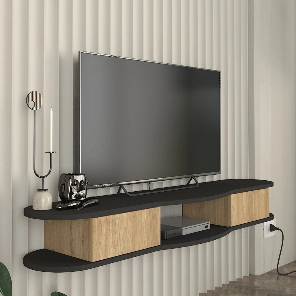 Mobile Porta TV Nyskiri da Parete con Ante a Ribalta 150x35x19 cm - Antracite/Effetto Rovere [en.casa]
