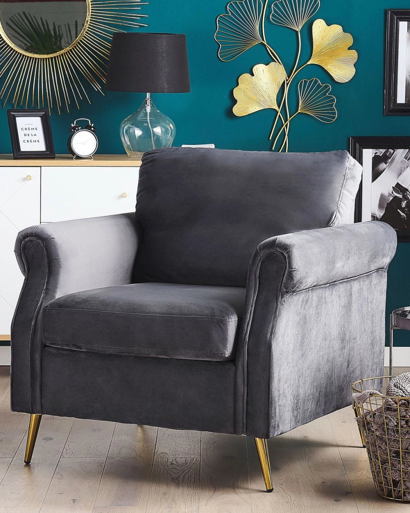 Poltrona Tessuto Velluto Grigio Scuro Rivestimento Gambe In Metallo dorato Cuscini Seduta E Schienale Sfoderabili Stile Retrò Glam