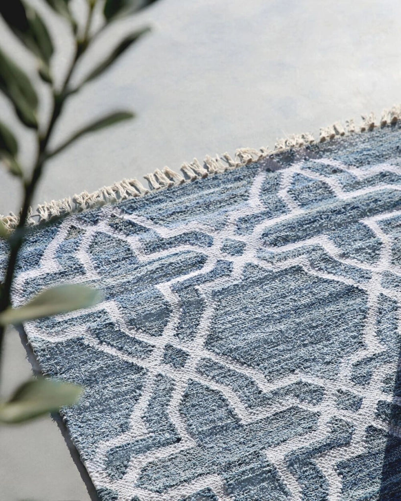 Tappeto Iuta Blu 140 x 200 cm Traliccio Quadrifoglio Intrecciato a Mano Orientale Marocchino Trifoglio