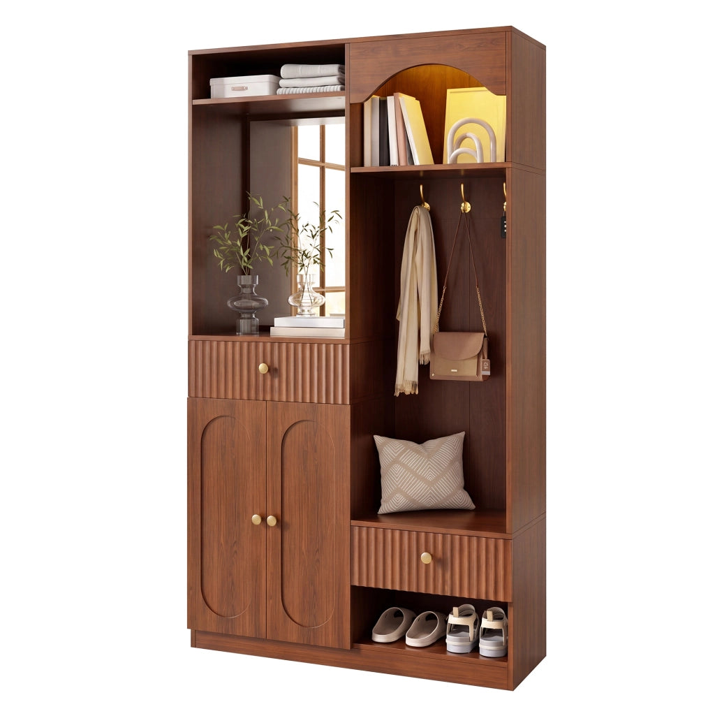 Garderoba da ingresso 100x35x180 cm con specchio; luci LED; MDF; noce