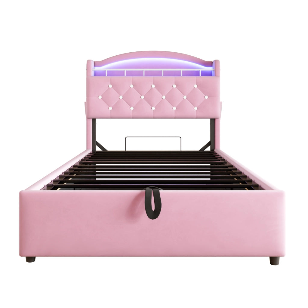 OKWISH Letto Contenitore 90×200 cm, Letto Singolo con LED Regolabile, USB, Type-C e Contenitore, senza Materasso, in Tessuto, Rosa