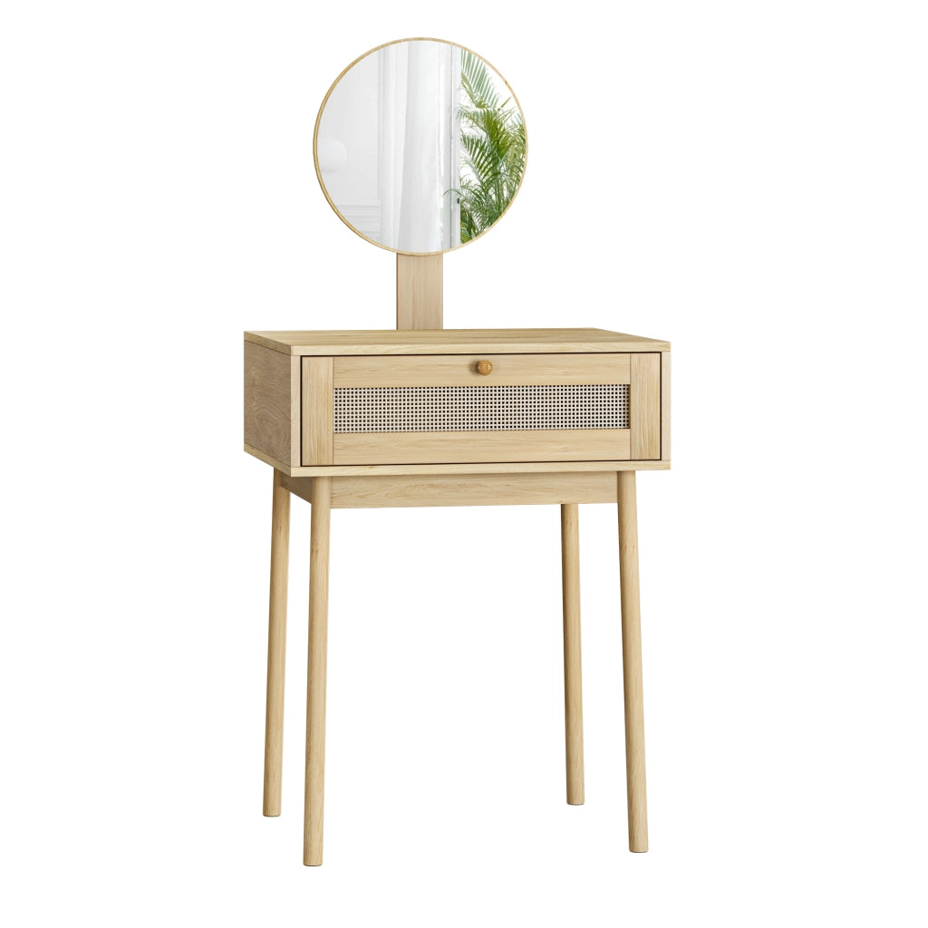 Tavolo da trucco in rattan con specchio rotondo, design boho compatto in rovere per camera da letto e piccoli spazi