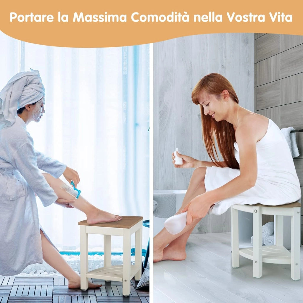 Sgabello Doccia, Sedia da Bagno Angolare in Polietilene con Ripiano, Sedile Multiuso a 2 Livelli per Uso Interno o Esterno, 32,5x32,5x43,5 cm, Capacità di Peso 150 kg (Marrone)