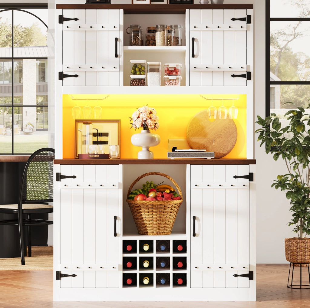 Armadio alto da cucina bianco con LED RGB e portabottiglie