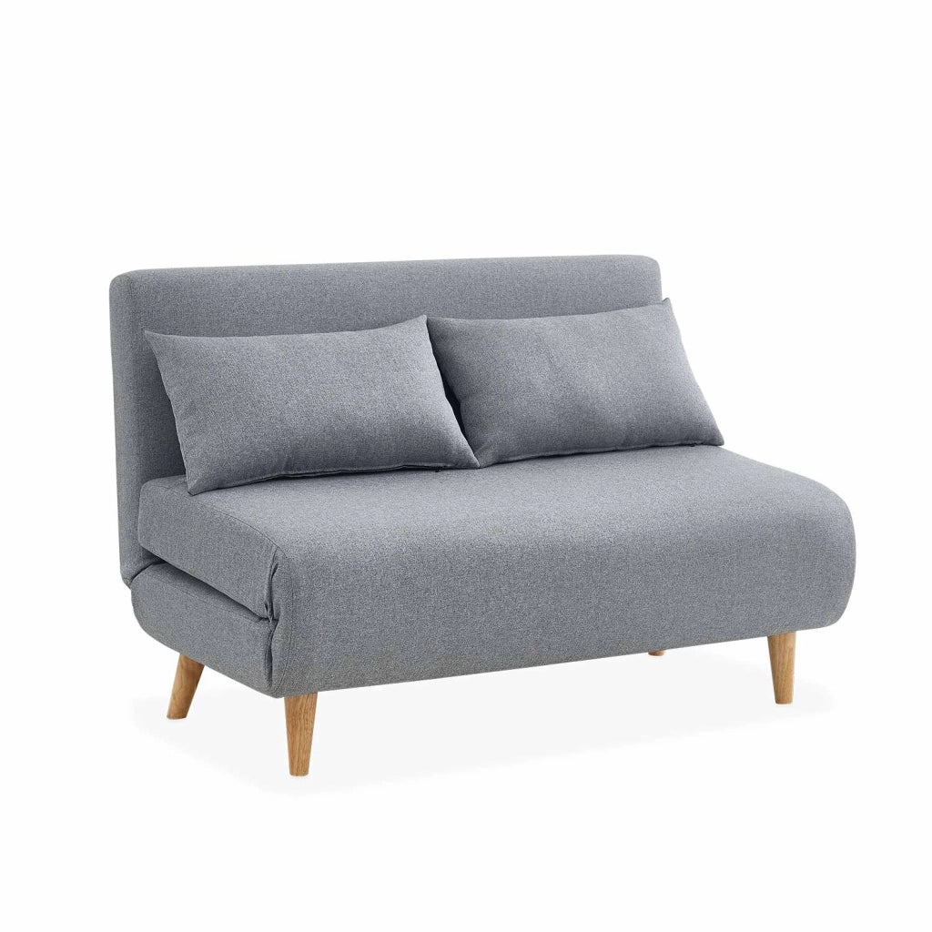 Divano letto in tessuto con gambe in legno, 2 posti, grigio chiaro