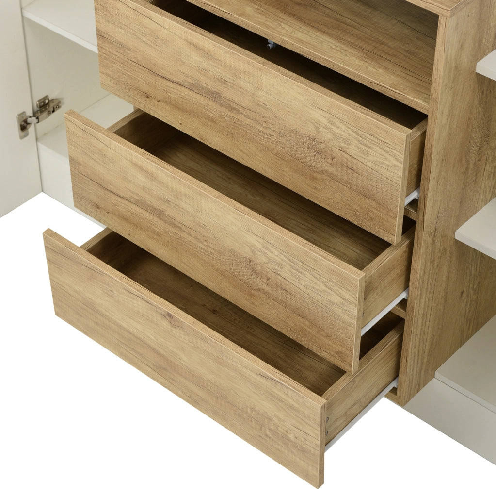 Credenza moderna in MDF bianco lucido e legno con LED multicolore, 140x30x77,5 cm