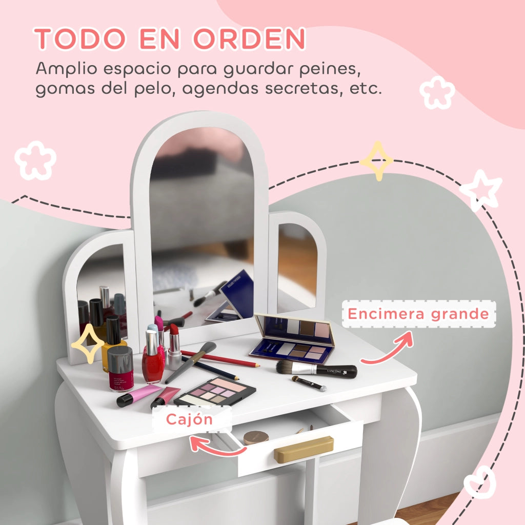 Toeletta per Bambini con Specchio e Sgabello ¨C Xylo ¨C Bianco con Cassetto 3-6 Anni