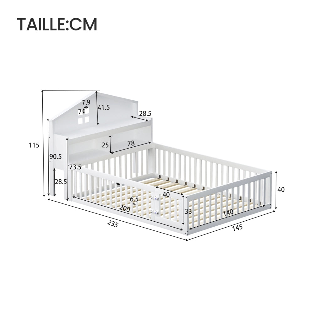 Letto per bambini 140×200 cm con ripiani; barriera e porta; senza materasso; legno massiccio; bianco