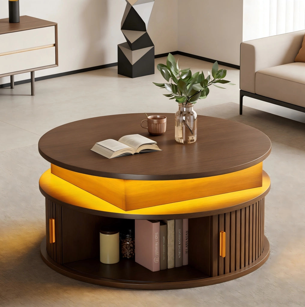 Tavolino da caffè rotondo 75 cm regolabile in altezza con LED e vano contenitore; colore noce