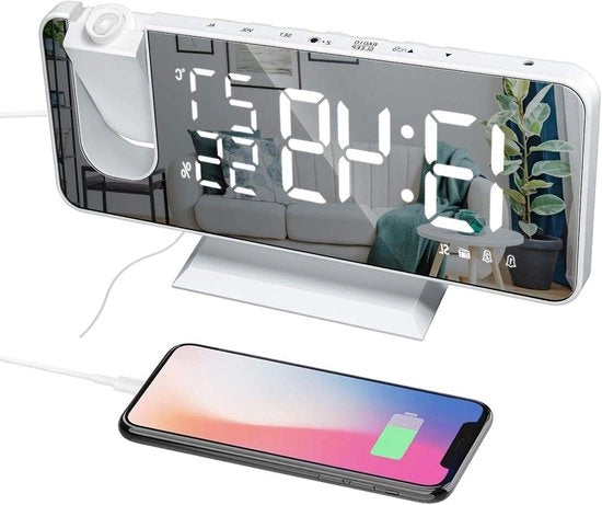 Proiettore da parete rotativo a 180° con caricatore USB, radio FM, display a specchio da 7,4 pollici, 2 altoparlanti, 4 regolazioni di luminosità - bianco