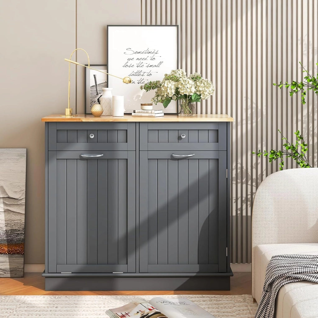 Credenza Cucina, Mobile per Pattumiera Ribaltabile con Piano in Legno di Gomma 2 Cassetti e Ripiano Regolabile, 100x35,5x90 cm (Grigio)