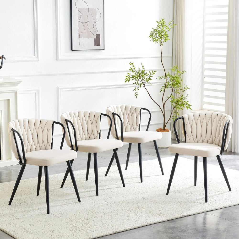 Sedia da Pranzo Imbottita in Velluto con Schienale Intrecciato ¨C MINIMAL ¨C Beige/Nero, Gambe in Metallo