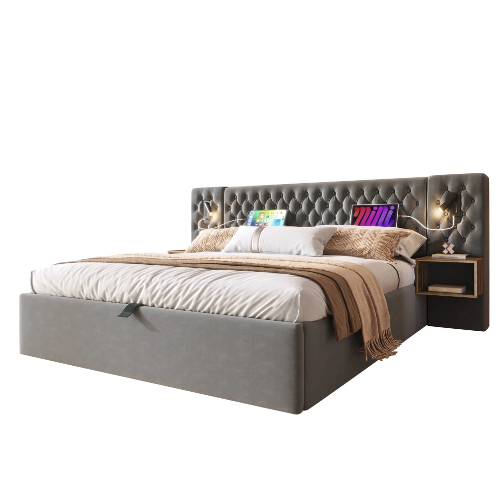 Letto matrimoniale 160x200 cm in velluto grigio con 2 comodini; luci lettura e ricarica USB-C