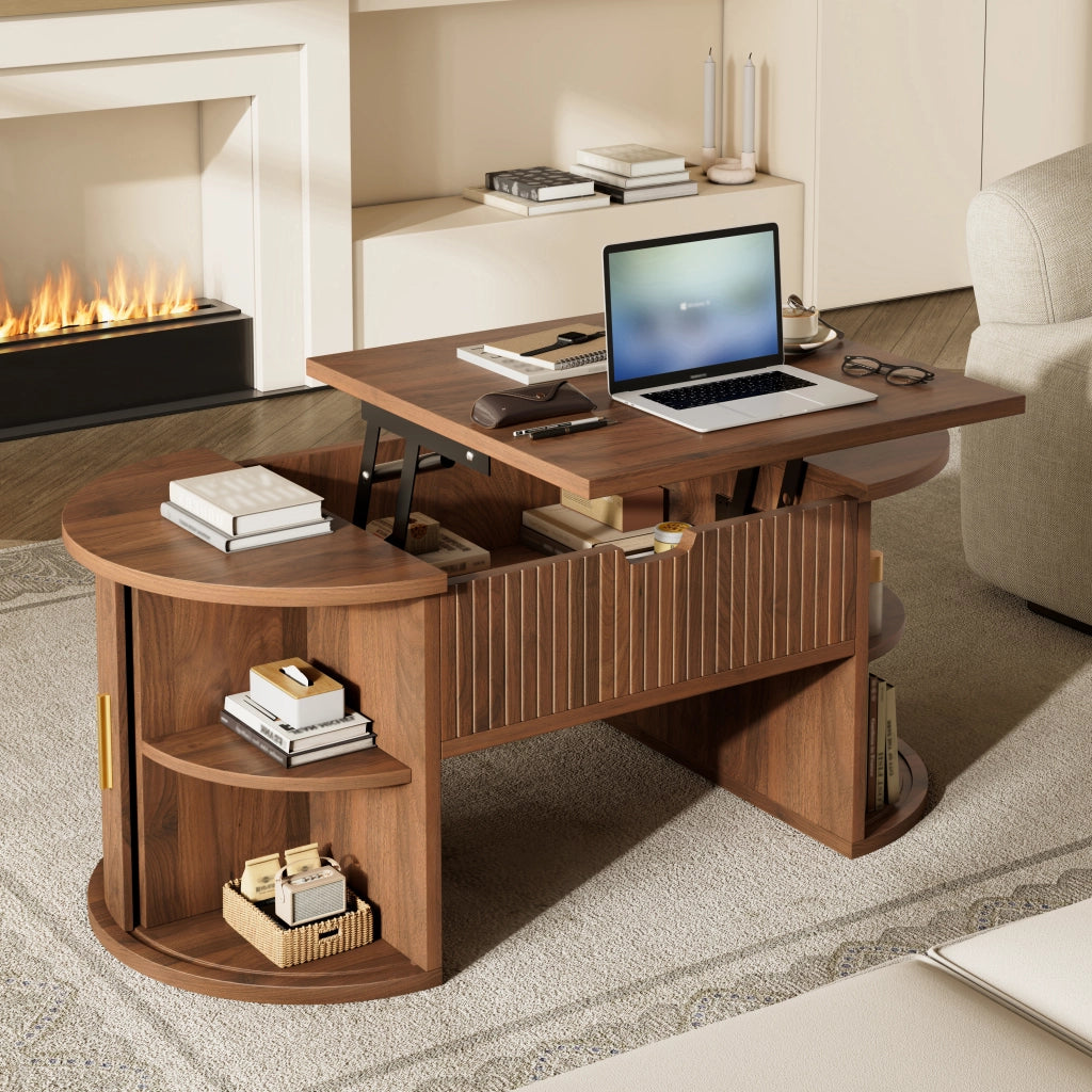 Tavolino Da Salotto Alzabile Ovale con 2 Ante Scorrevoli e Ripiani Aperti; Stile Moderno Retrò; in MDF; 100×50×40;5 cm; Noce