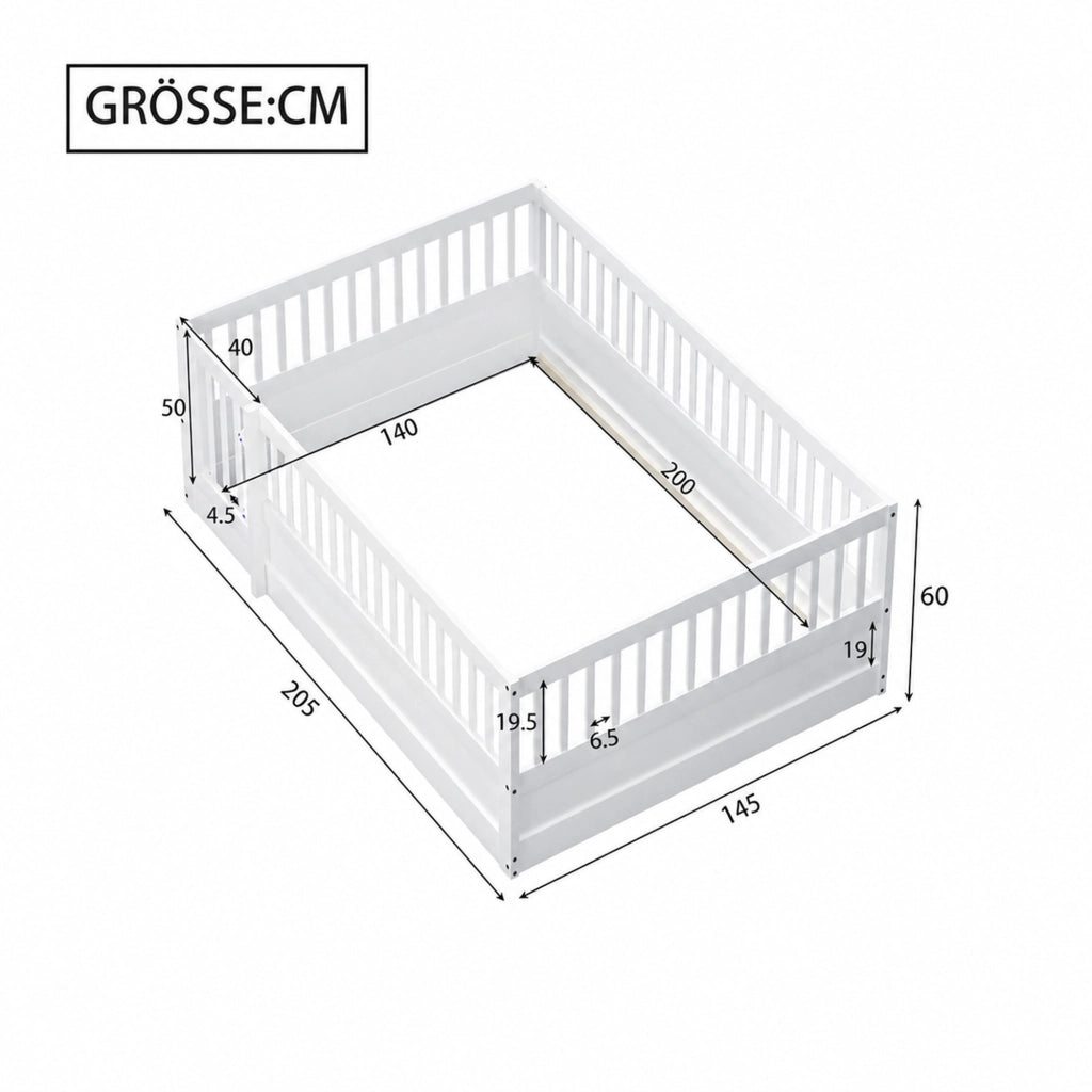Letto per bambini a pavimento 140 ¡Á 200 cm con recinto e porta in legno bianco
