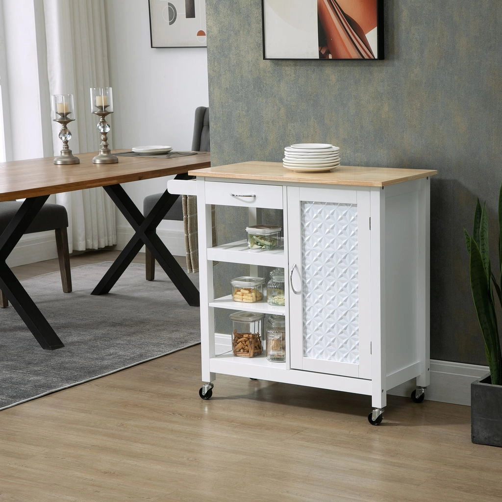CARRELLO DA CUCINA CON CASSETTO ANTA E RIPIANO A 3 LIVELLI 92X40X84CM BIANCO