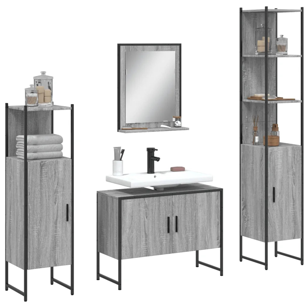 Set Mobili da Bagno | Armadio da bagno 4 pz Grigio Sonoma in Legno Multistrato