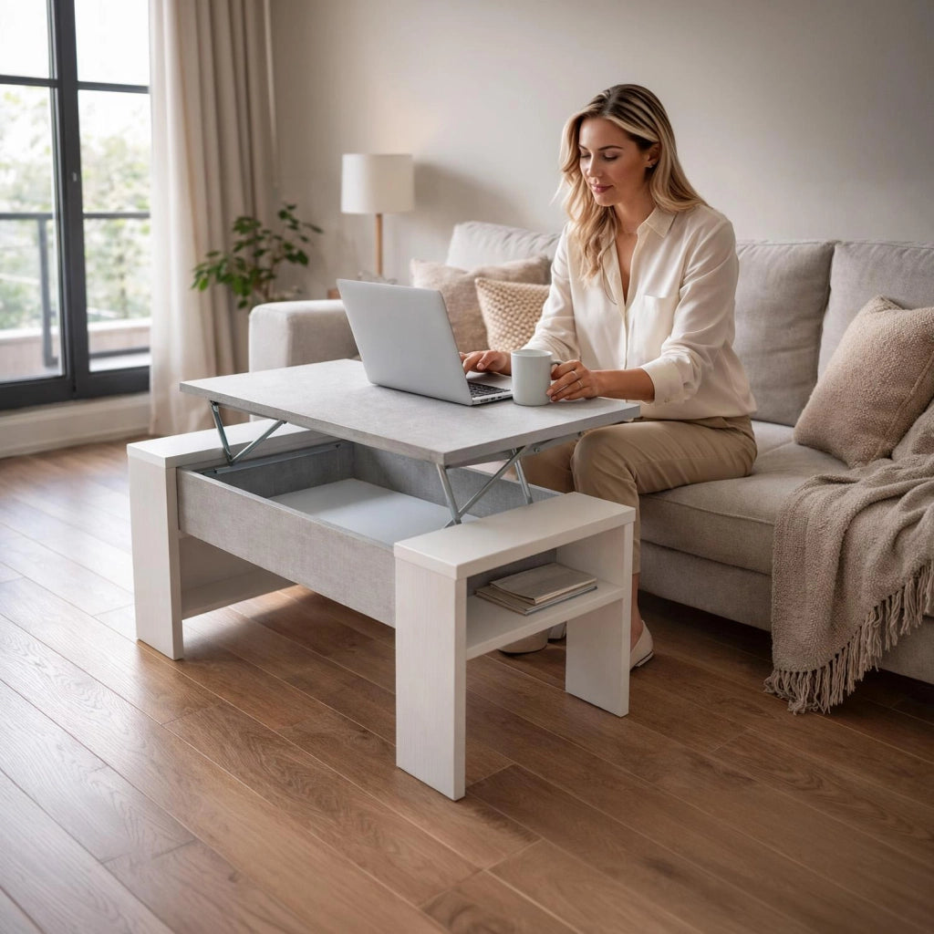 Tavolino Da Living Trasformabile Con Piano Sollevabile E Vano Contenitore Tavolo Moderno Per Salotto Soggiorno Smart Working 98 X 50 X 43 Cm Bianco E Grigio Cemento