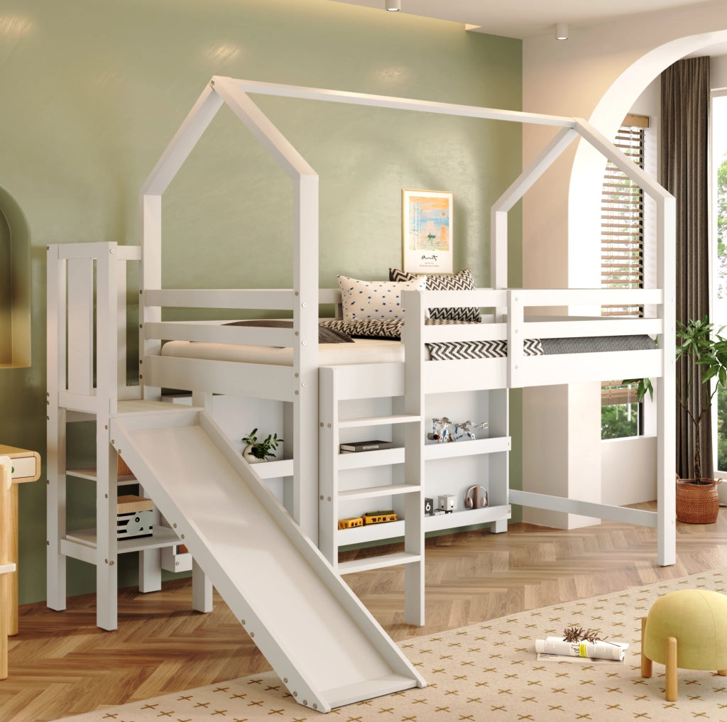 Letto singolo multifunzionale 90x200 cm con scivolo, vani e ripiani
