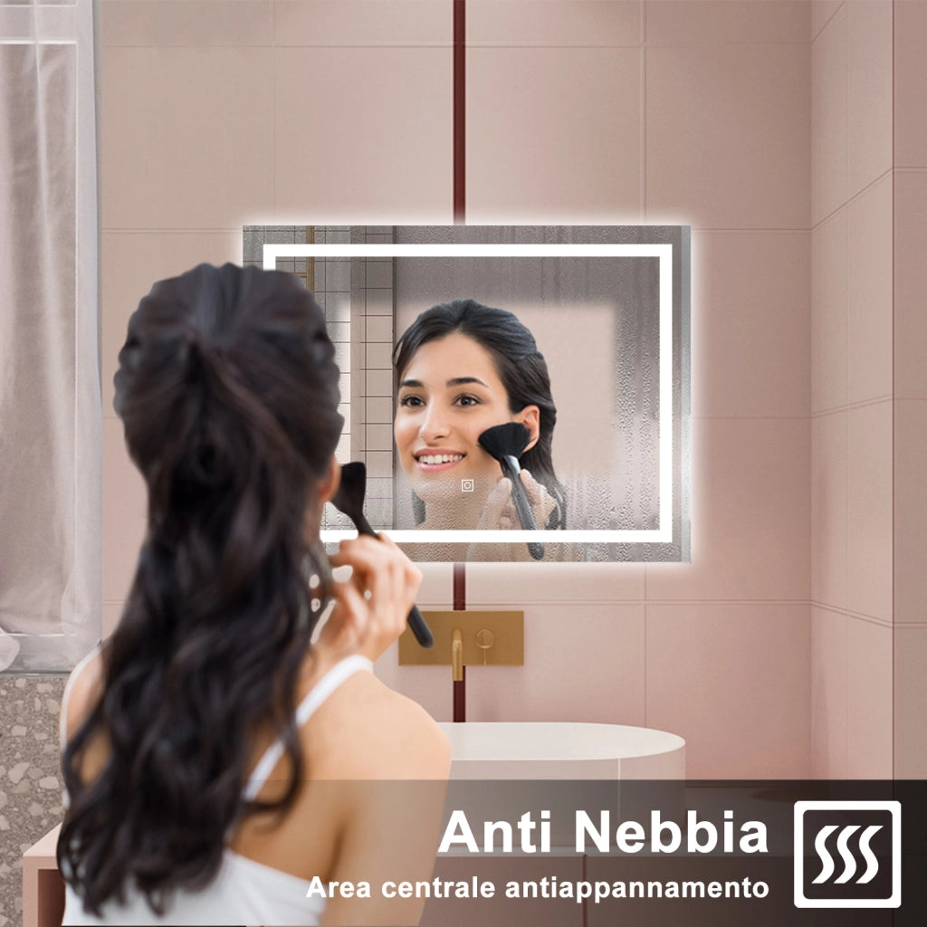AICA Specchio da bagno  80 x 100 cm, dimmerabile, interruttore touch, Funzione Memoria, antiappannamento