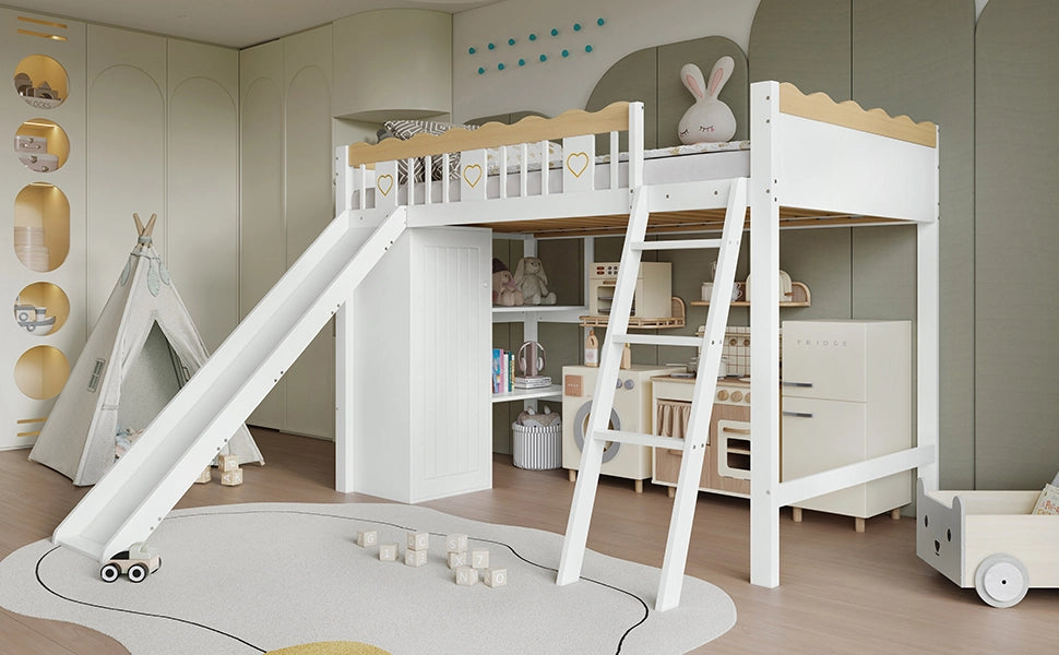 DESMIU Letto a soppalco per bambini 1 posto con scivolo, armadio e vano contenitore 90 × 200 cm, senza materasso