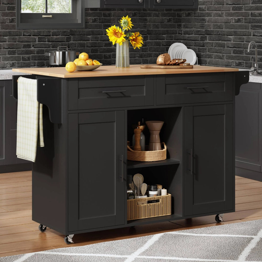 Isola da cucina mobile con piano pieghevole 145x70x94;5 cm in MDF nero con 5 ruote