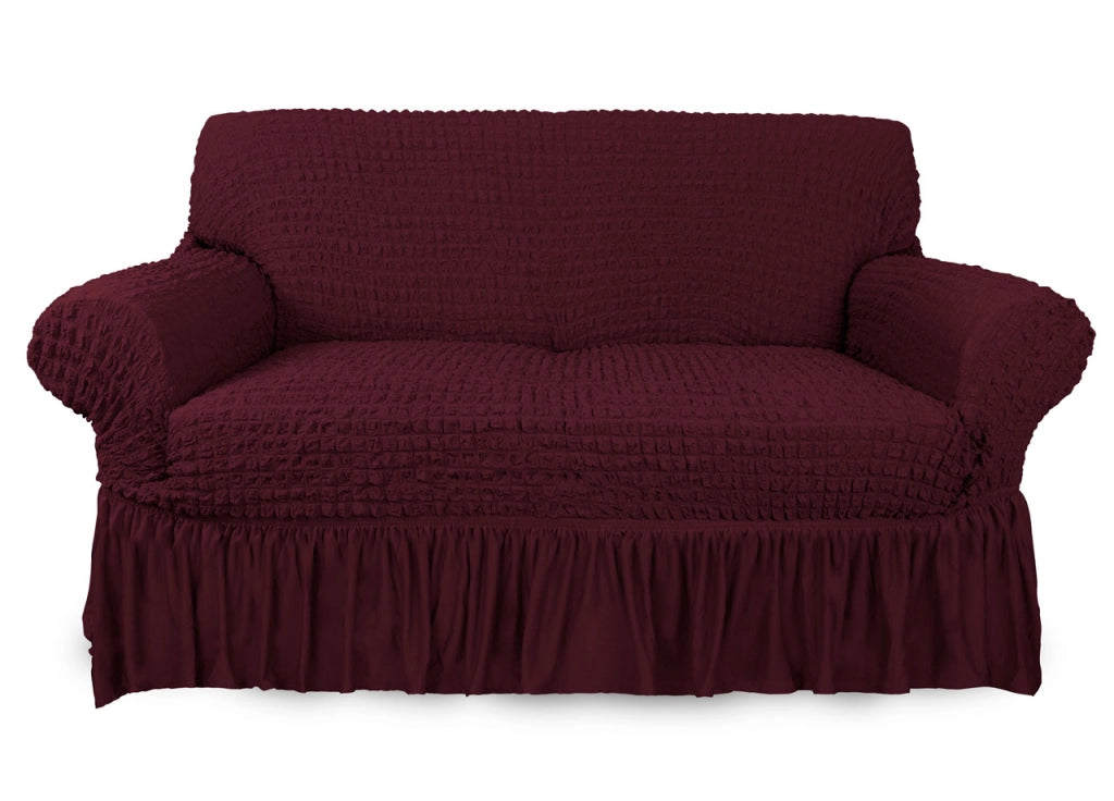 Copridivano Elasticizzato Arricciato Con Volants Tinta Unita Luxory Bordeaux - 3 Posti - Bordeaux