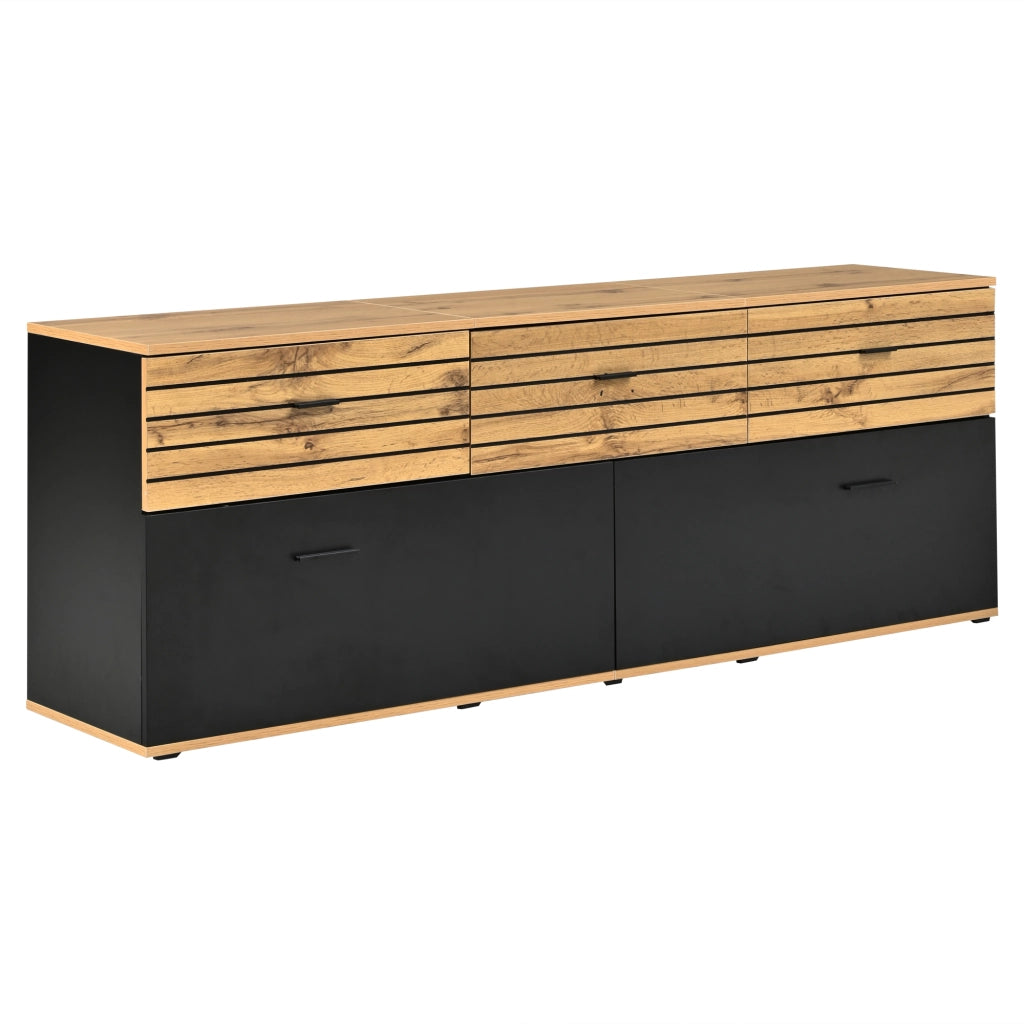 Mobile TV con 3 cassetti e 2 ante a ribalta, 168 cm, per TV fino a 65", colore naturale e nero, con motivo ondulato