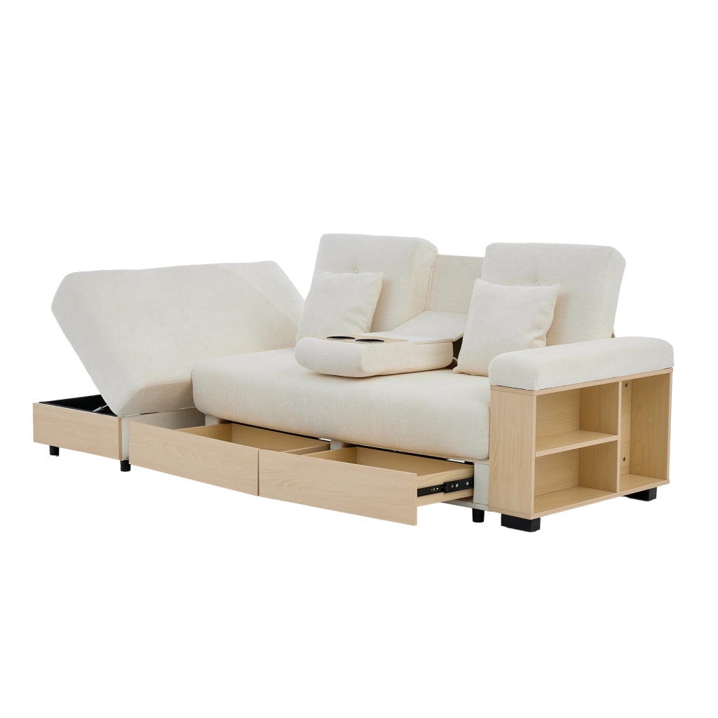 Divano letto con contenitore; schienale reclinabile; porta bevande e cuscini in chenille beige