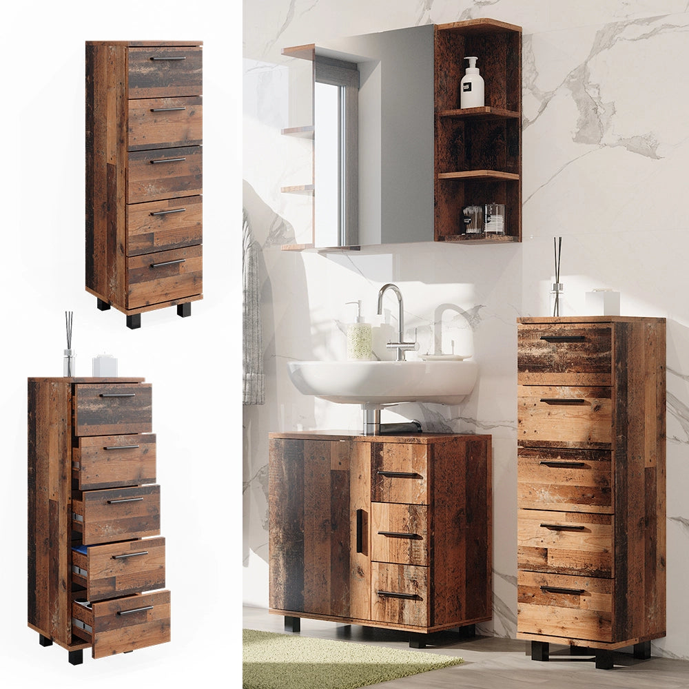 Vicco Mobiletto bagno Rovere rustico 30 x 95 cm con 5 cassetti