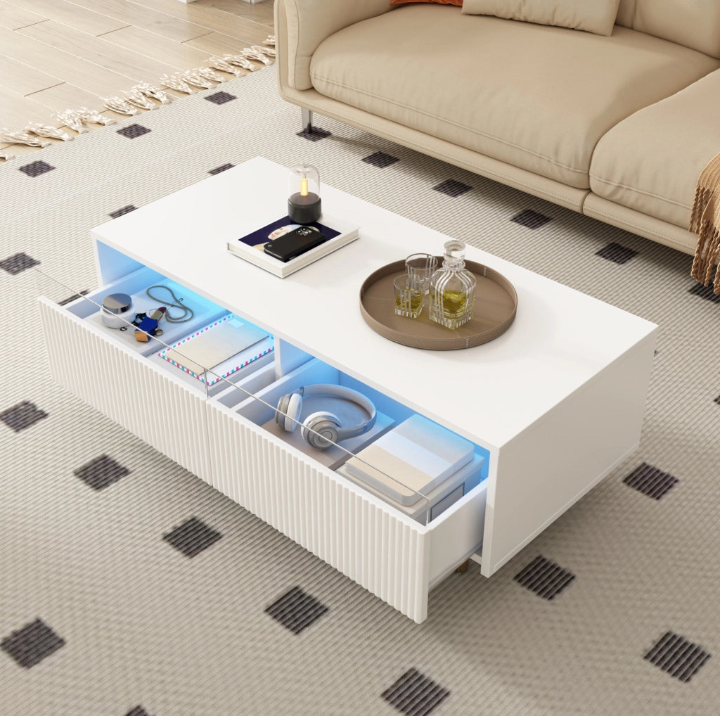 Tavolino da caffè LED bianco 110×50×40 cm con 2 cassetti