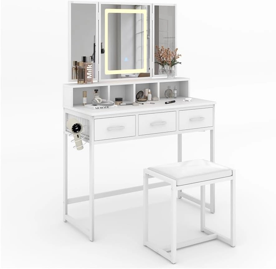 Vicco Tavolo da toilette Mavida, Bianco, 90 cm con specchio LED e sgabello