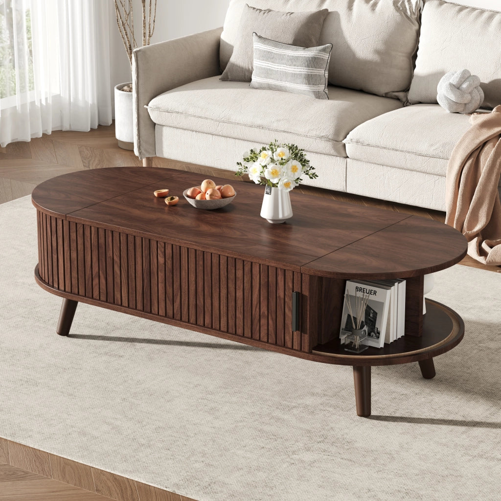 Tavolino da caffè sollevabile 120x50 cm con vano contenitore e ripiani noce