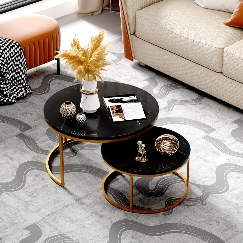 Set di 2 tavolini da salotto impilabili 80x80 cm e 60x60 cm nero e oro effetto marmo