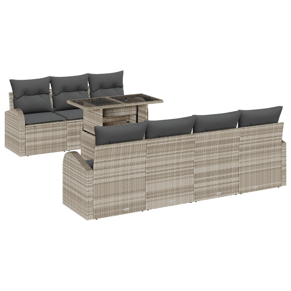 Set Divano Giardino da 8 Pezzi con Cuscini Grigio Chiaro in Rattan Polimerico