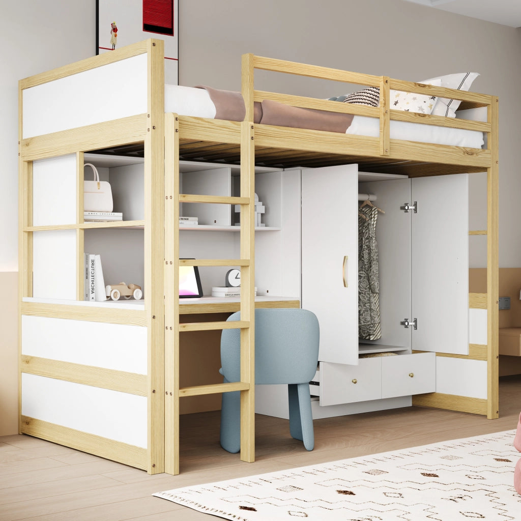 Letto a castello naturale in legno con scala scrivania armadio e cassetti 90x200 cm