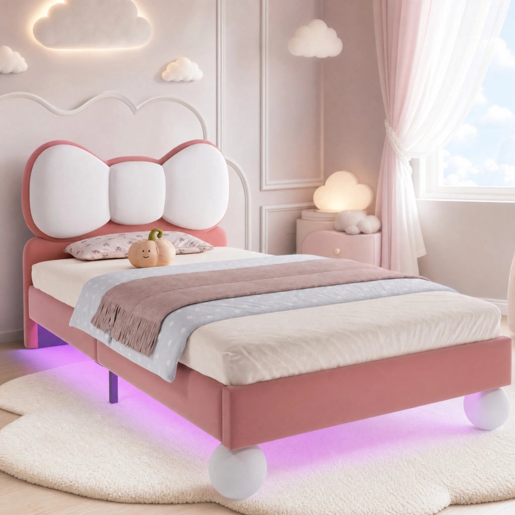 Letto singolo imbottito per bambini 90x200 cm beige e rosa