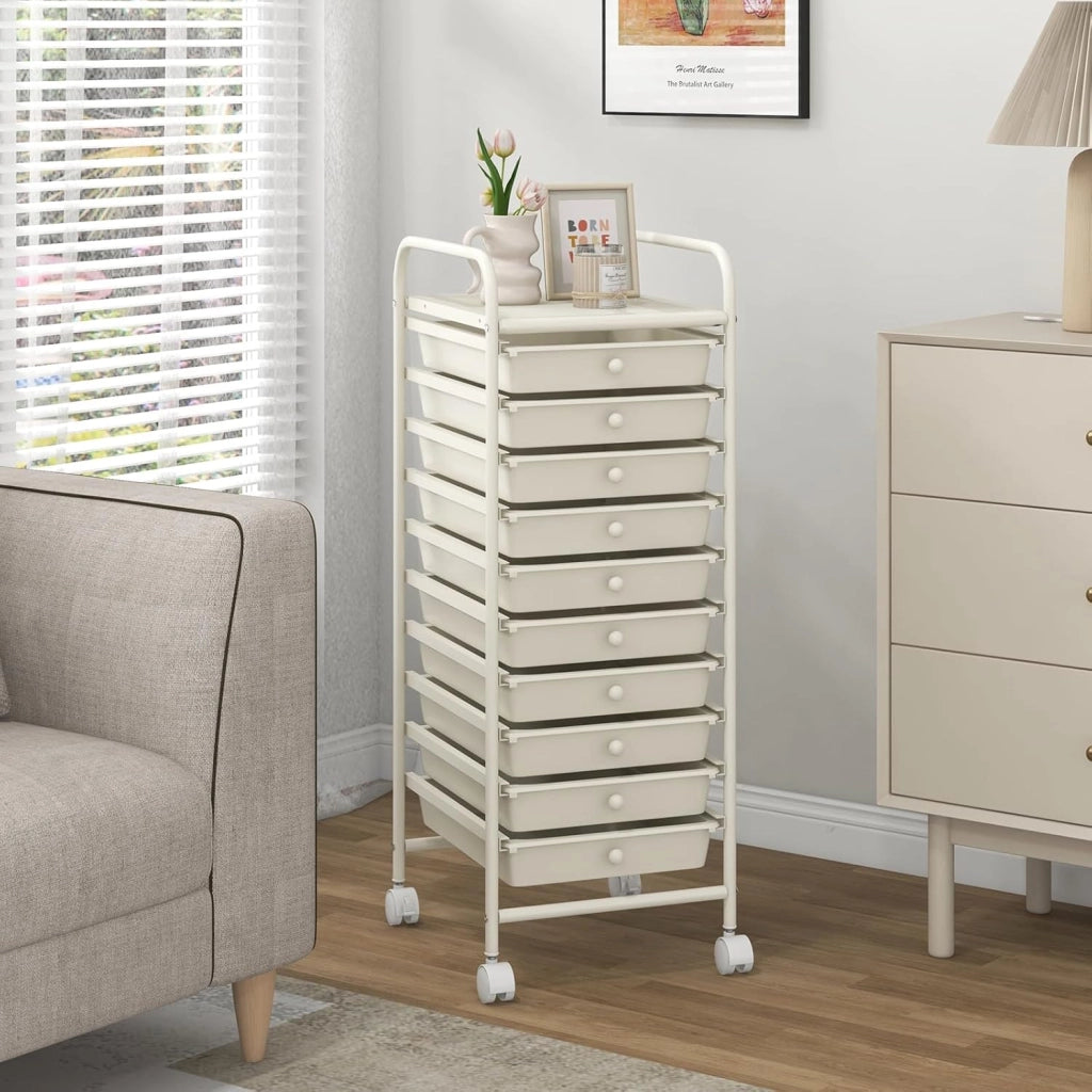 Carrello Portaoggetti con 10 Cassetti, Telaio in Metallo e Struttura in Plastica, 4 Ruote di cui 2 con Freno, Organizer Multiuso per Ufficio, Cucina e Bagno, 33 x 37 x 86 cm