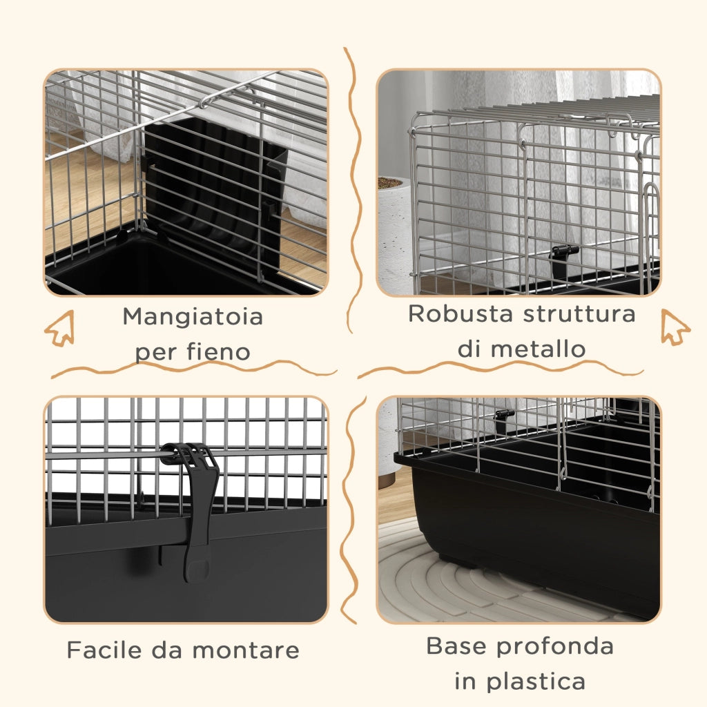 Gabbia per Conigli a 2 Porte con Vassoio Rimovibile 100x55x41 cm in Metallo e Plastica PP Nero e Argento