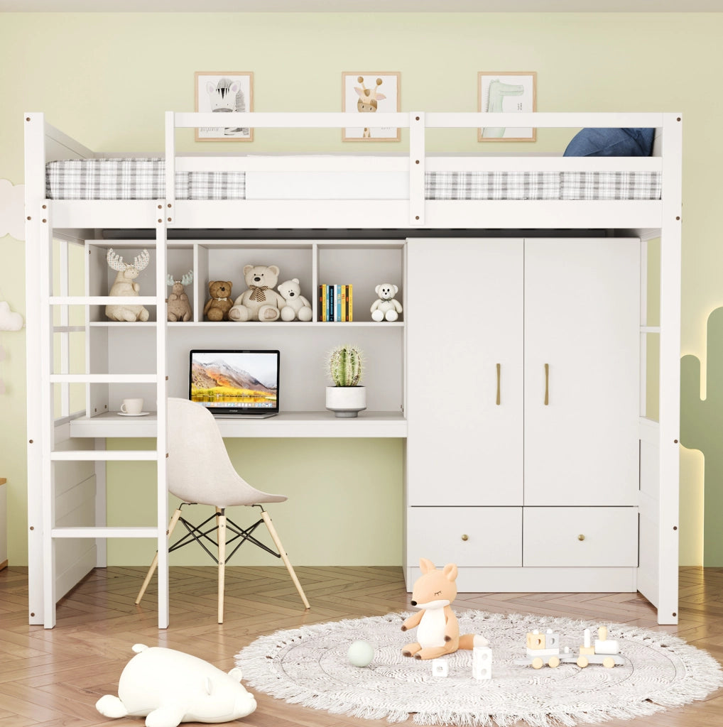 Letto a soppalco 90x200 cm in legno bianco con scala; scrivania; guardaroba e cassetti