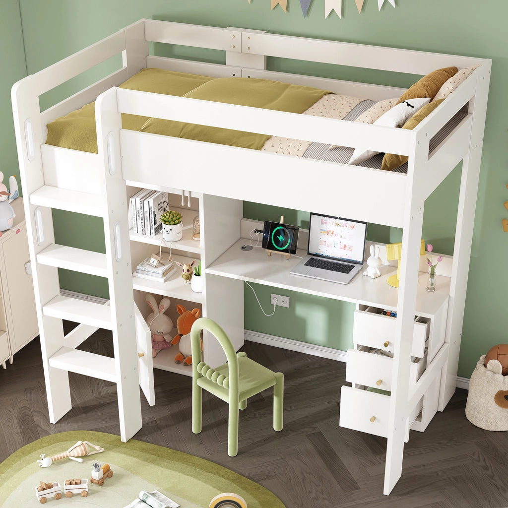 Letto a castello – 90x200 cm – scrivania armadio cassetti – legno bianco