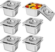 Set di Cottura 1/6 da 6 pezzi - Piatto in Acciaio Inox 10 cm Profondo - Cottura Stacking - Resistente al Lavastoviglie - Resistente al Calore e al Freddo - Con Coperchio e Maniglia - Contenitore per Cibo