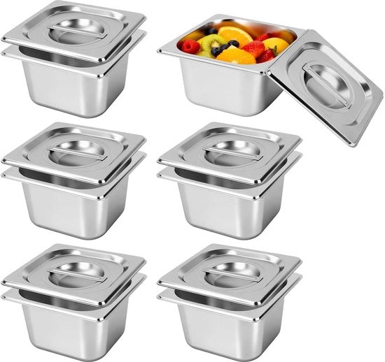 Set di Cottura 1/6 da 6 pezzi - Piatto in Acciaio Inox 10 cm Profondo - Cottura Stacking - Resistente al Lavastoviglie - Resistente al Calore e al Freddo - Con Coperchio e Maniglia - Contenitore per Cibo