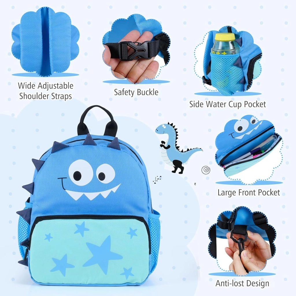 Set di Valigia Cavalcabile 18’’ + Zaino 12’’ per Bambini 2 Pezzi, Bagagli 2-in-1 di con Maniglia Telescopica e 4 Ruote, Trolley Bagaglio a Mano e Zaino per Bambini (Blu Dinosauro)