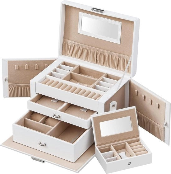 Cassa da Soggiorno - Cassettino da Gioielli con 2 Scatole - Chiusura a Sacchetti - Specchio - Rimovibile - Contenitore di Viaggio per Anelli - Bracciali - Orecchini - Rivestimento di Seta - Bianco - JBC121W