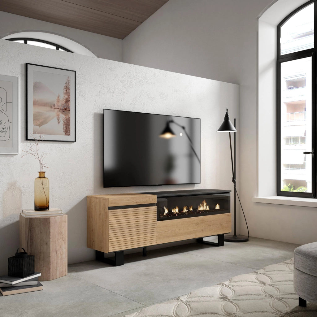 Mobile TV Soggiorno, 150x35x57cm, Per TV fino a 65", Camino elettrico, Design industriale, colore Rovere RF3303