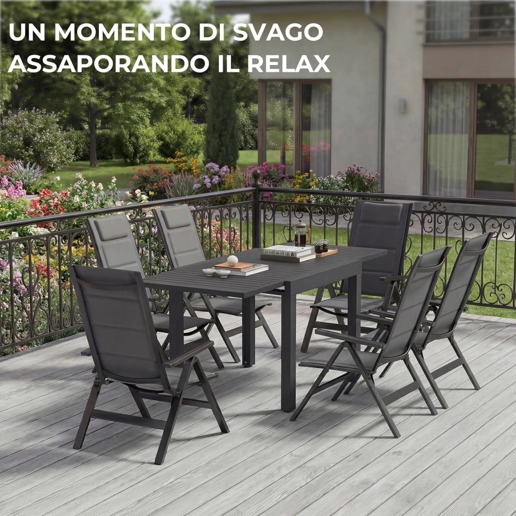 Set Tavolo e Sedie da Giardino 7 Pezzi, Composto da 1 Tavolo in Alluminio e 6 Sedie Pieghevoli, Tavolo da Giardino Allungabile (80/160 cm), Set Tavolo e Sedie da Esterno, Grigio
