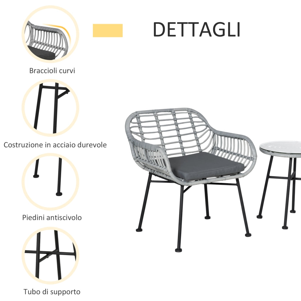 Set Mobili da Giardino in Rattan PE da 3 Pezzi, Salotto da Esterno con 2 Sedie e Tavolino con Ripiano in Vetro per Terrazza e Bistr¨°, Grigio