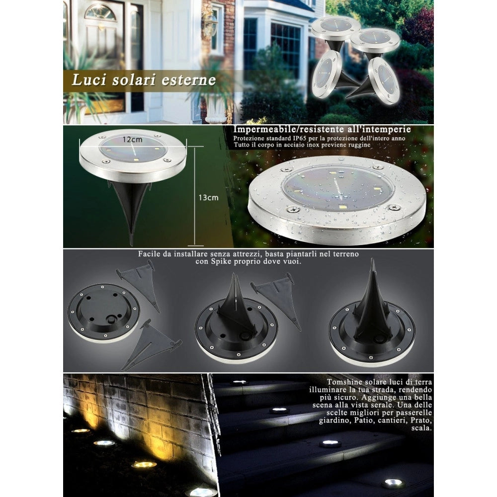 Trade Shop - 2 X Lampada Luce Led Solare Disk Lights Esterno Giardino Waterproof Segna Passo -